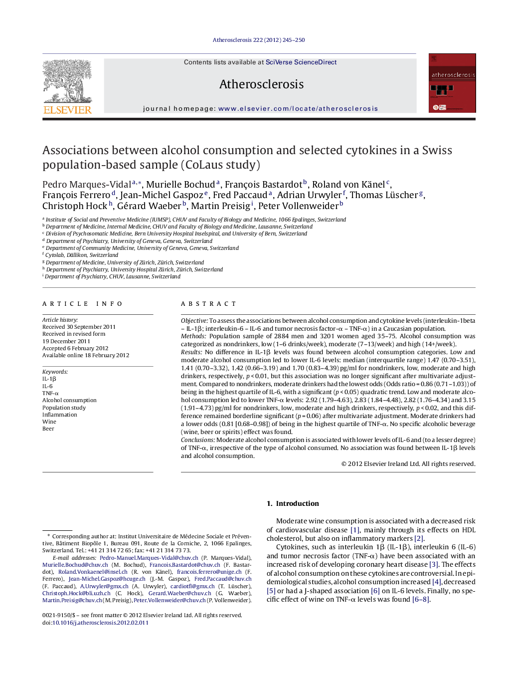 Associations between alcohol consumption and selected cytokines in a Swiss population-based sample (CoLaus study)