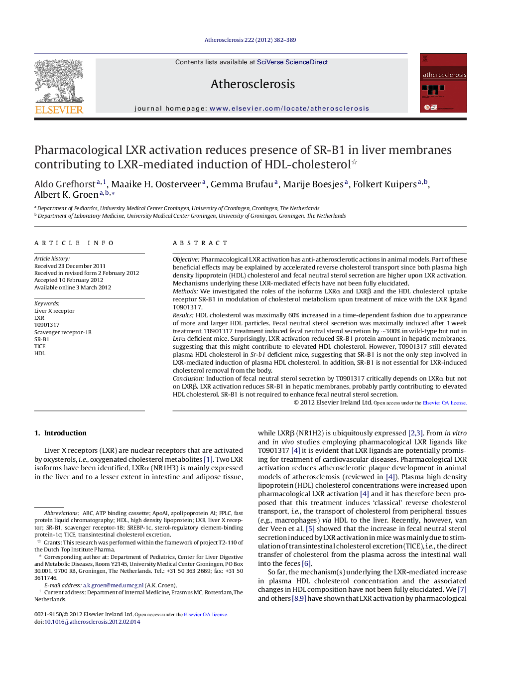 Pharmacological LXR activation reduces presence of SR-B1 in liver membranes contributing to LXR-mediated induction of HDL-cholesterol