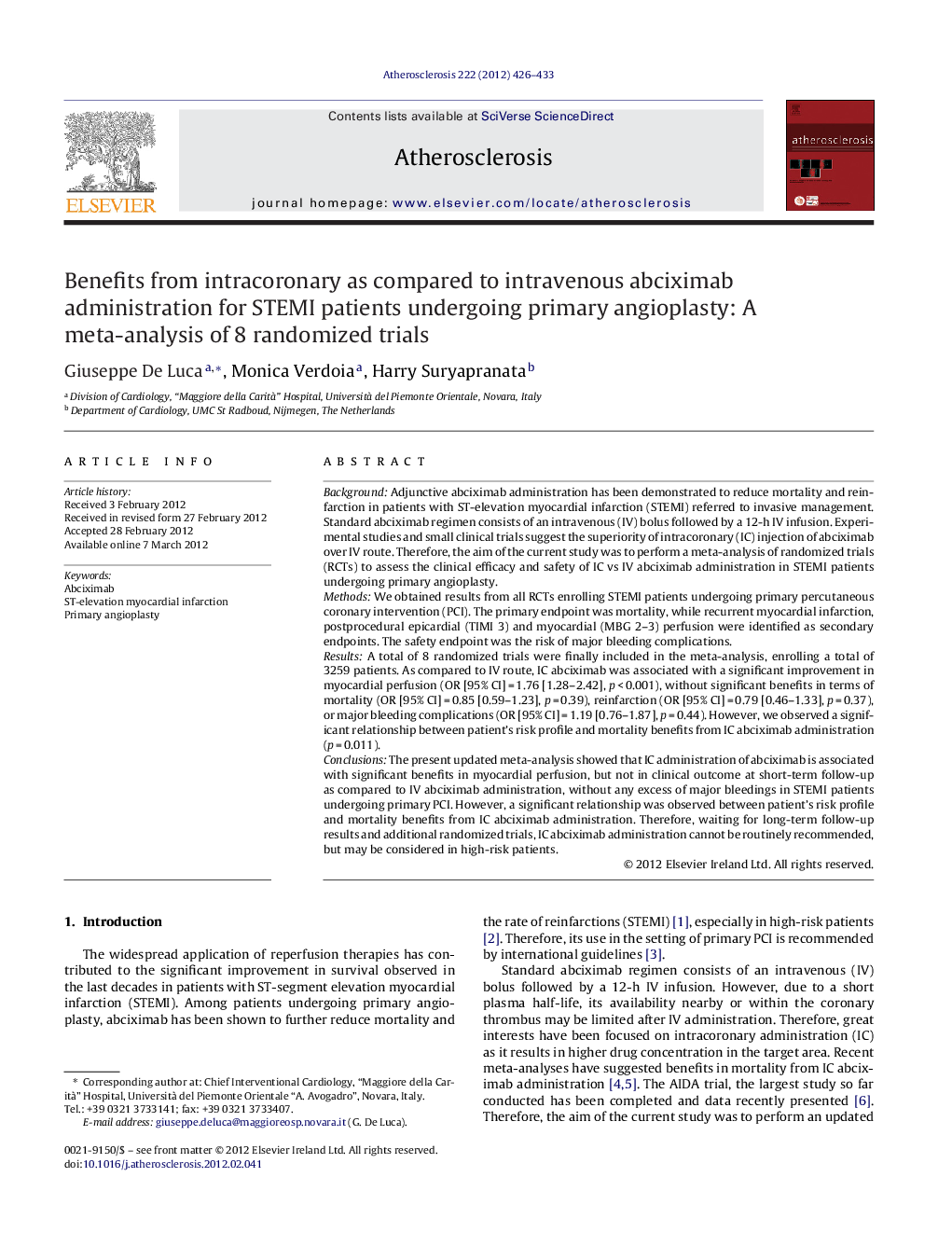 Benefits from intracoronary as compared to intravenous abciximab administration for STEMI patients undergoing primary angioplasty: A meta-analysis of 8 randomized trials