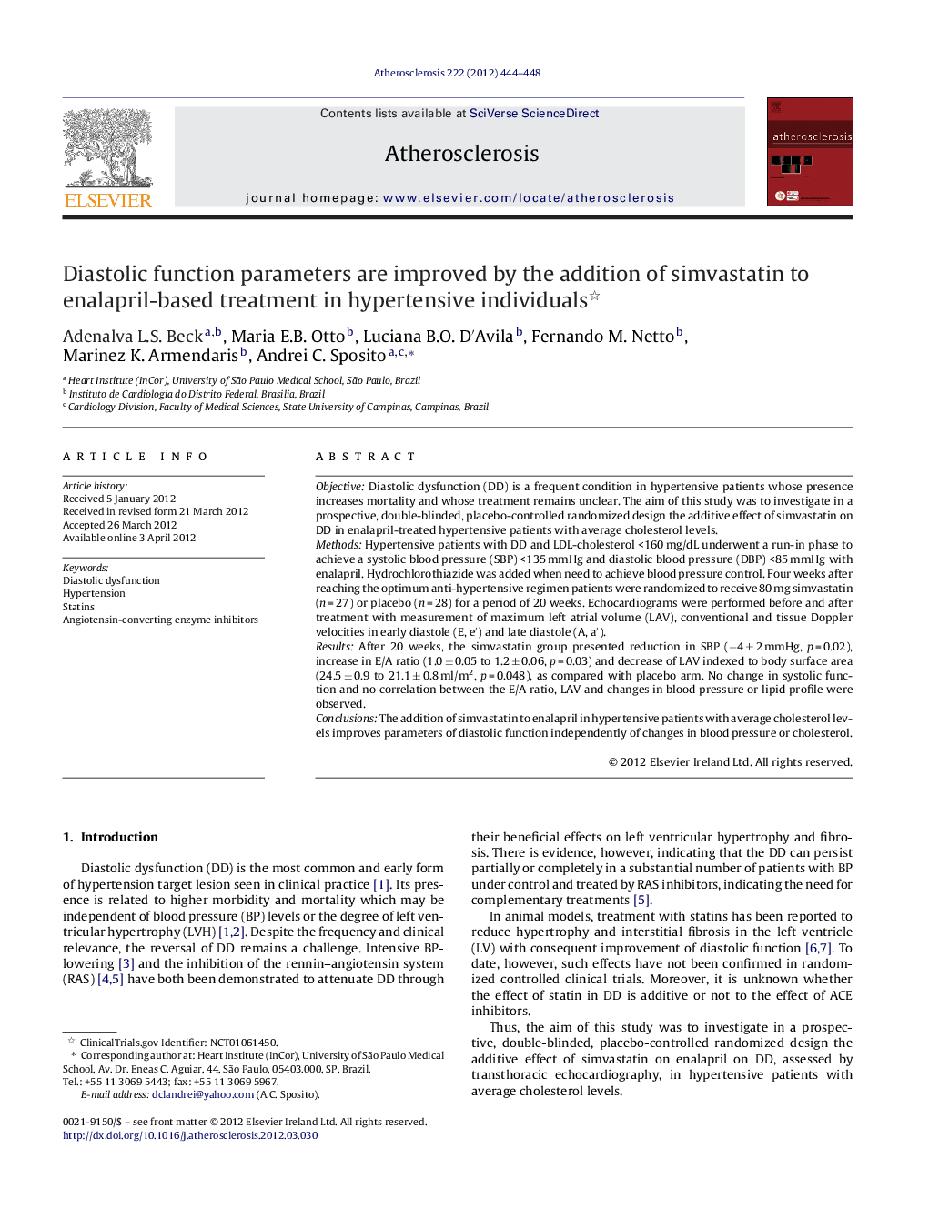 Diastolic function parameters are improved by the addition of simvastatin to enalapril-based treatment in hypertensive individuals