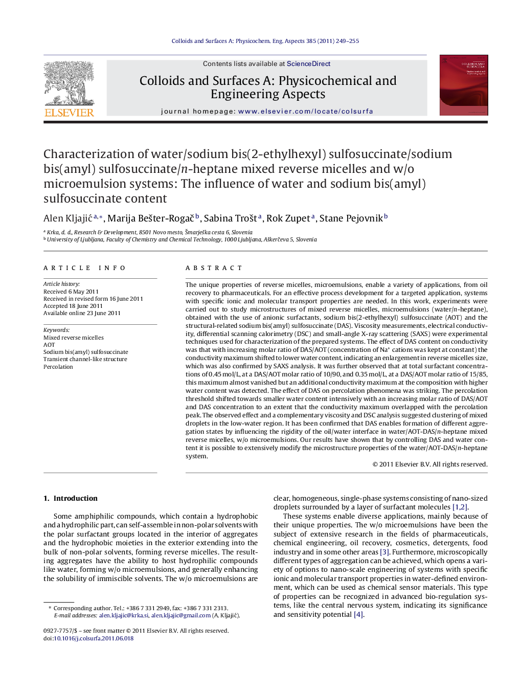 عکس صفحه اول مقاله: Characterization of water/sodium bis(2-ethylhexyl) sulfosuccinate/sodium bis(amyl) sulfosuccinate/n-heptane mixed reverse micelles and w/o microemulsion systems: The influence of water and sodium bis(amyl) sulfosuccinate content Characterization of water/sodium bis(2-ethylhexyl) sulfosuccinate/sodium bis(amyl) sulfosuccinate/n-heptane mixed reverse micelles and w/o microemulsion systems: The influence of water and sodium bis(amyl) sulfosuccinate content