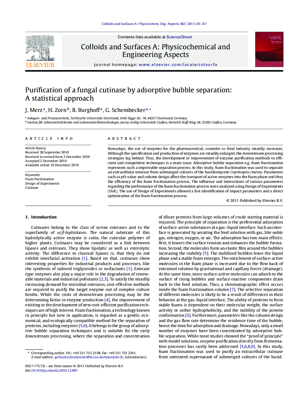 Purification of a fungal cutinase by adsorptive bubble separation: A statistical approach