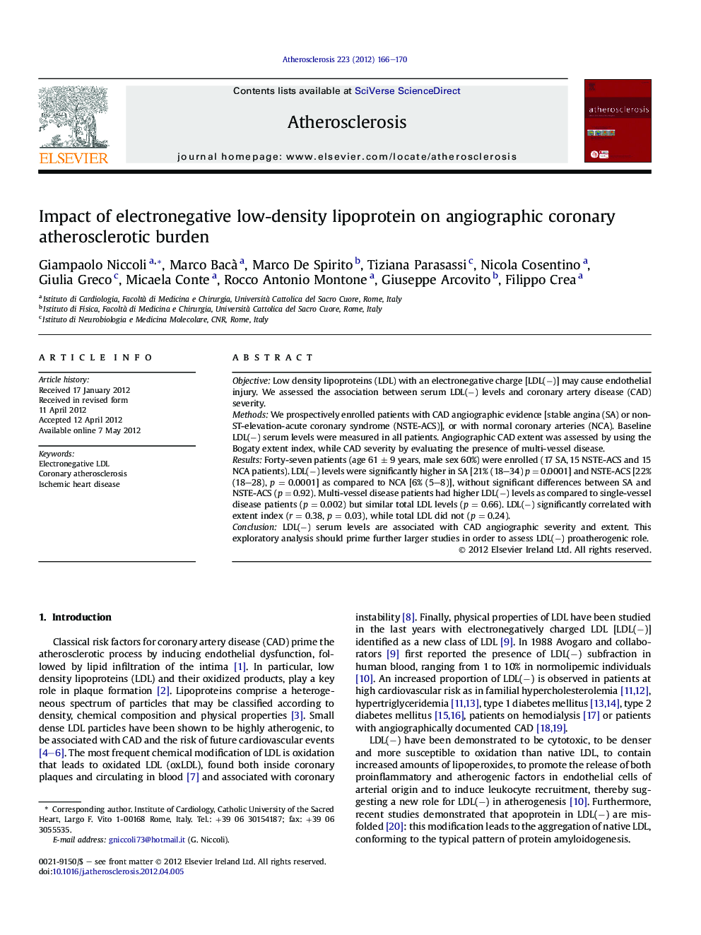 Impact of electronegative low-density lipoprotein on angiographic coronary atherosclerotic burden