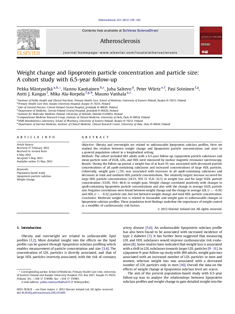 Weight change and lipoprotein particle concentration and particle size: A cohort study with 6.5-year follow-up