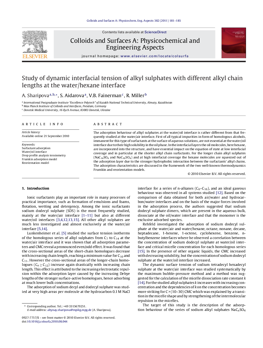 Study of dynamic interfacial tension of alkyl sulphates with different alkyl chain lengths at the water/hexane interface