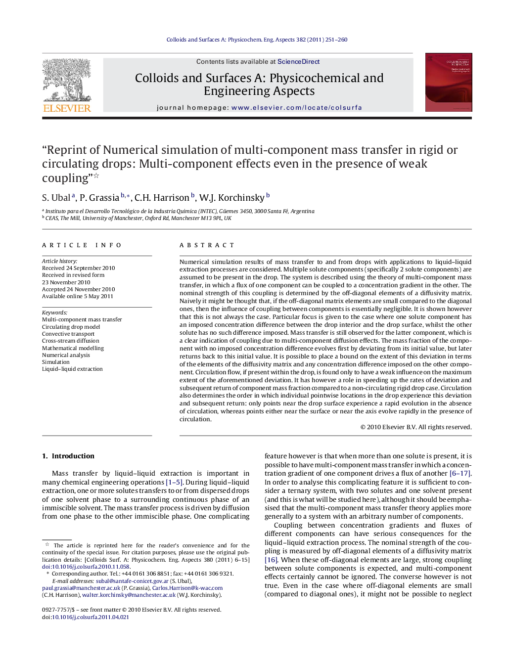 “Reprint of Numerical simulation of multi-component mass transfer in rigid or circulating drops: Multi-component effects even in the presence of weak coupling” 