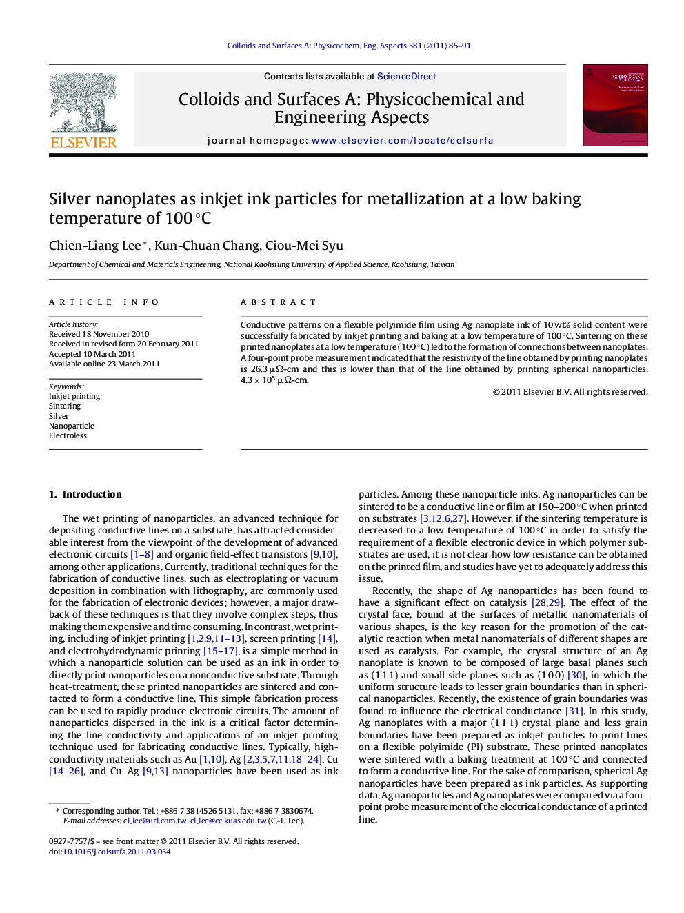 Silver nanoplates as inkjet ink particles for metallization at a low baking temperature of 100Â Â°C