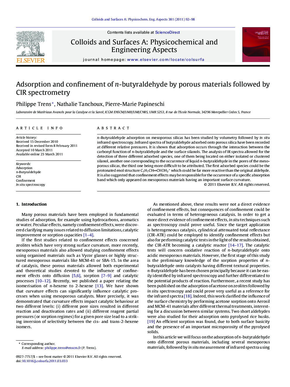 Adsorption and confinement of n-butyraldehyde by porous materials followed by CIR spectrometry