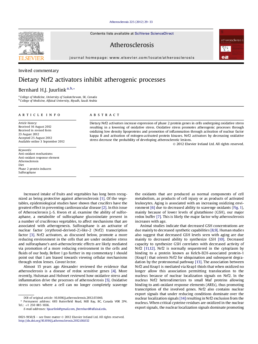 Dietary Nrf2 activators inhibit atherogenic processes