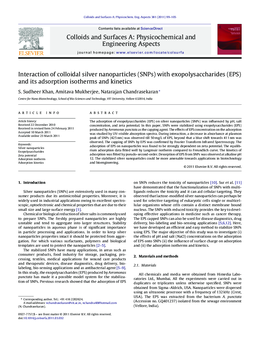 Interaction of colloidal silver nanoparticles (SNPs) with exopolysaccharides (EPS) and its adsorption isotherms and kinetics