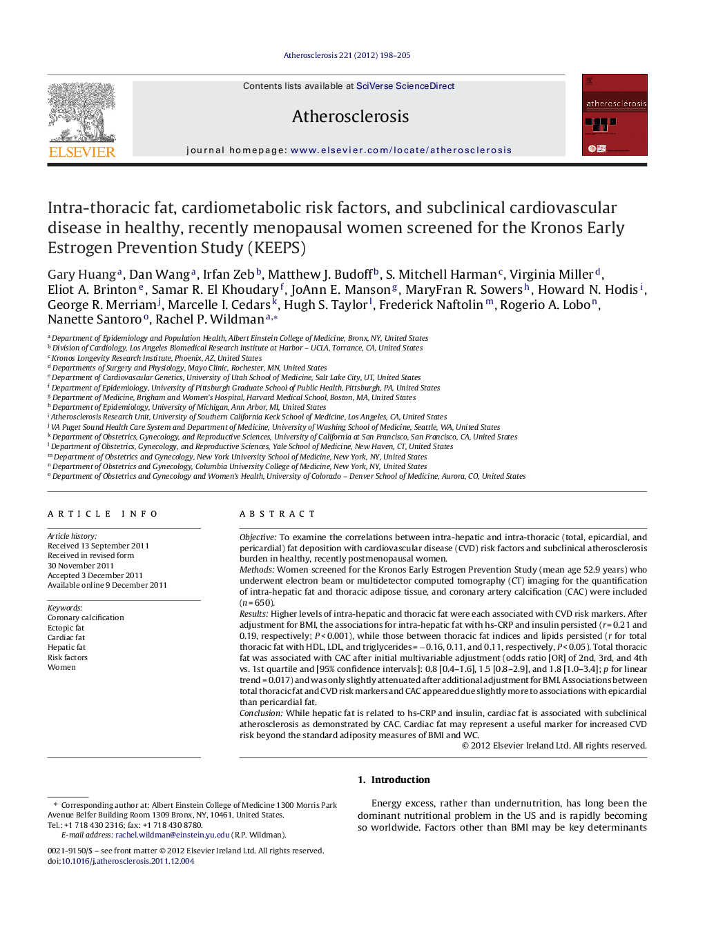 Intra-thoracic fat, cardiometabolic risk factors, and subclinical cardiovascular disease in healthy, recently menopausal women screened for the Kronos Early Estrogen Prevention Study (KEEPS)