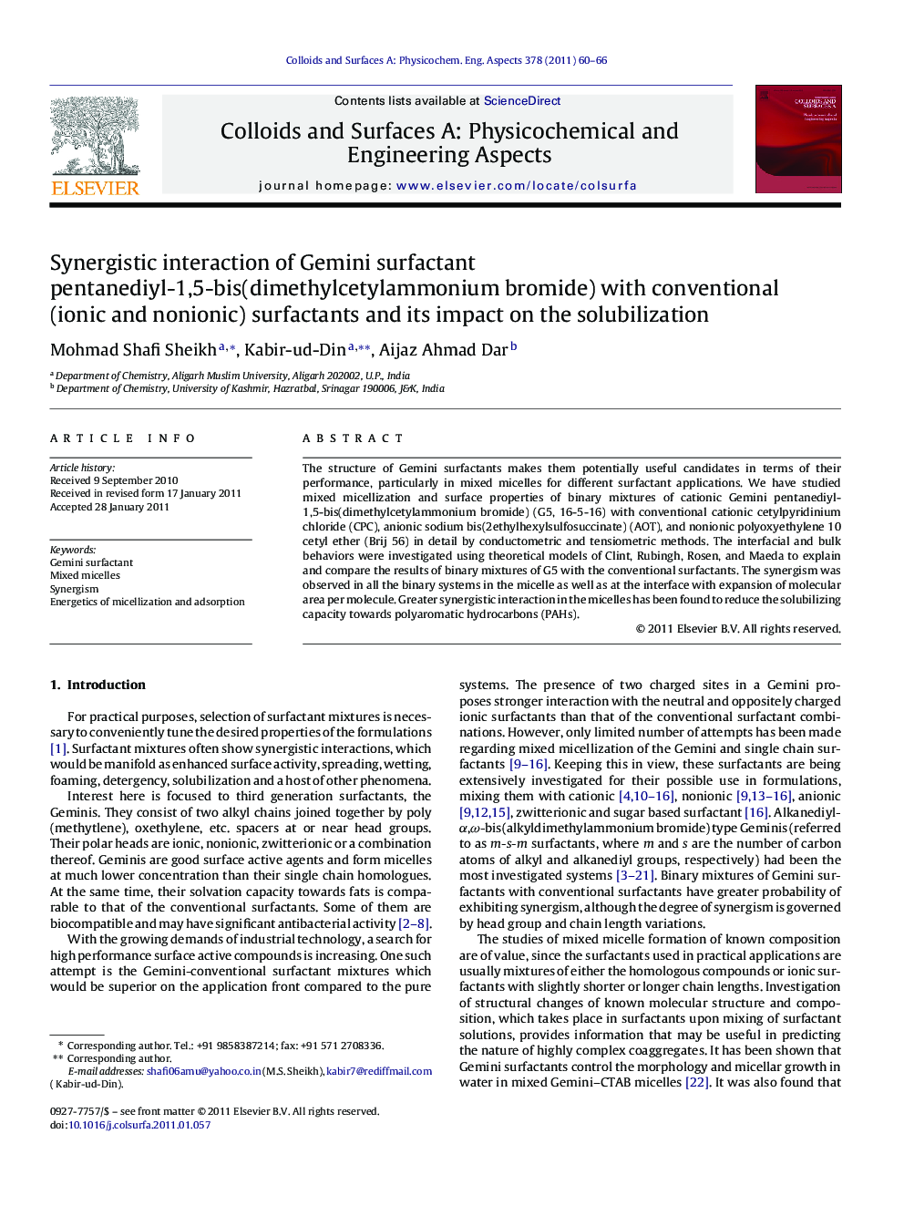 Synergistic interaction of Gemini surfactant pentanediyl-1,5-bis(dimethylcetylammonium bromide) with conventional (ionic and nonionic) surfactants and its impact on the solubilization