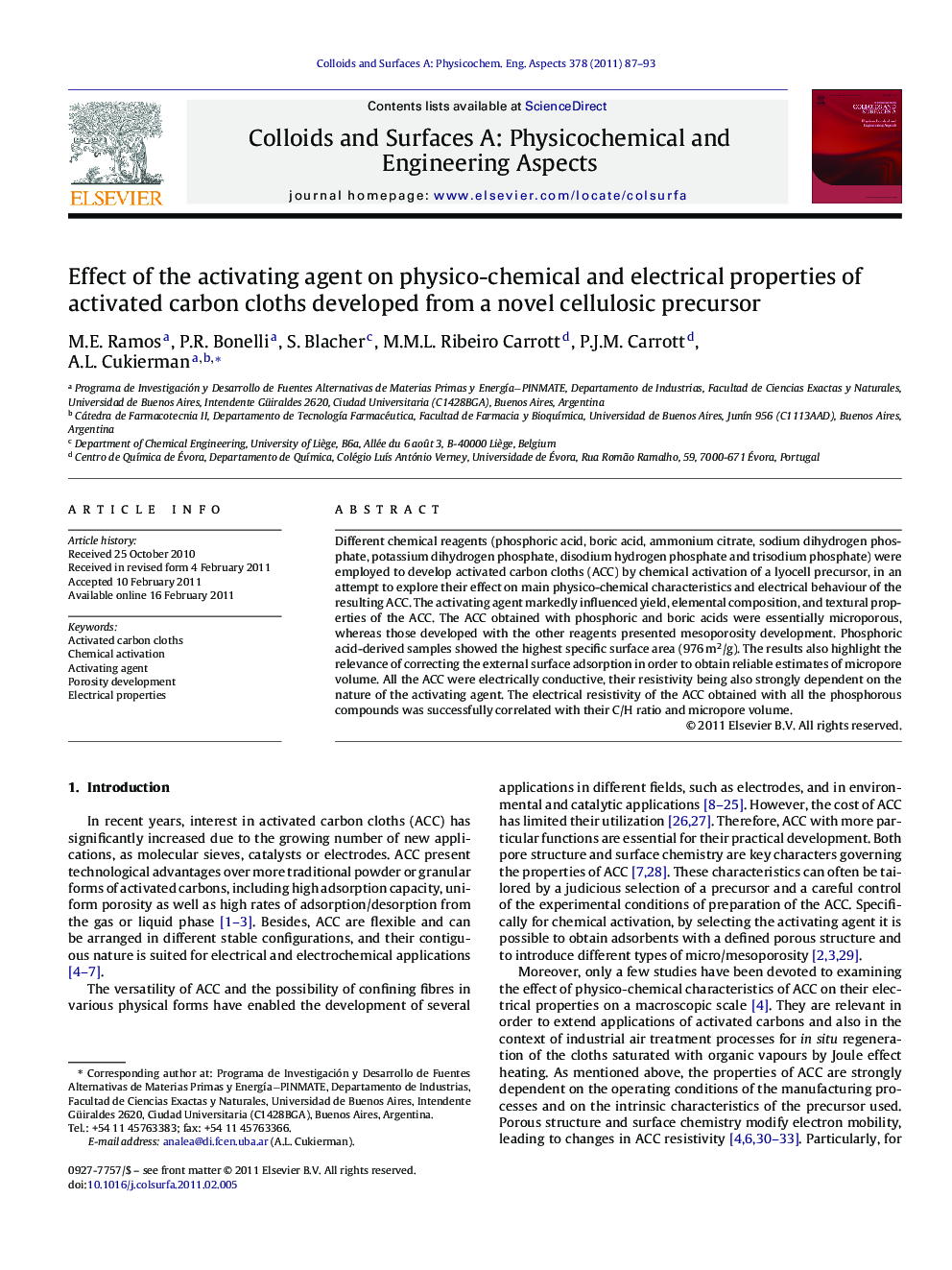 Effect of the activating agent on physico-chemical and electrical properties of activated carbon cloths developed from a novel cellulosic precursor