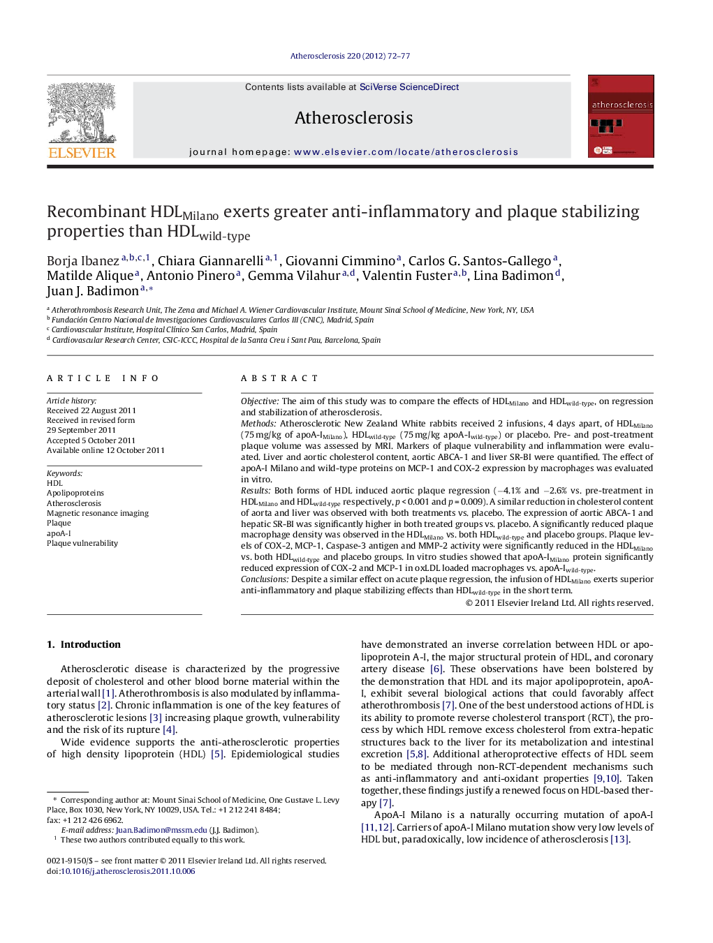 Recombinant HDLMilano exerts greater anti-inflammatory and plaque stabilizing properties than HDLwild-type