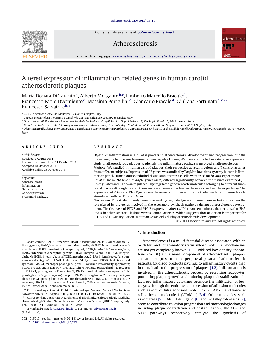 Altered expression of inflammation-related genes in human carotid atherosclerotic plaques