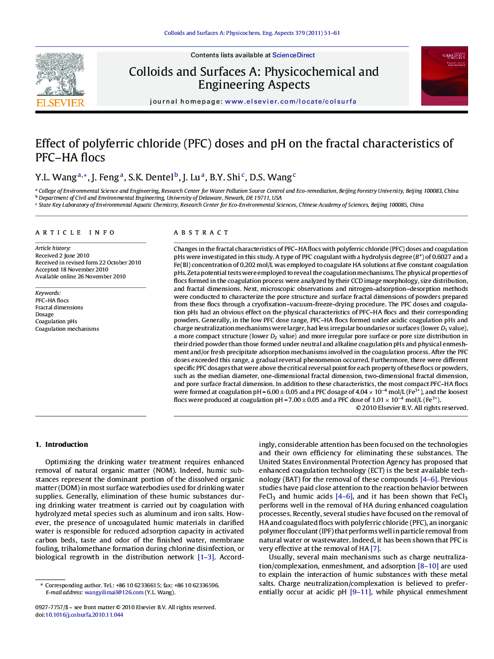 Effect of polyferric chloride (PFC) doses and pH on the fractal characteristics of PFC-HA flocs