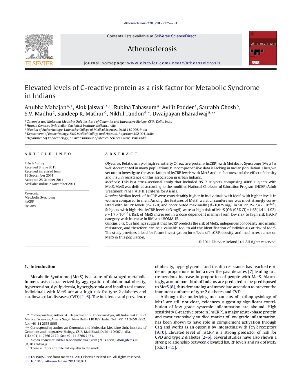 Elevated levels of C-reactive protein as a risk factor for Metabolic Syndrome in Indians