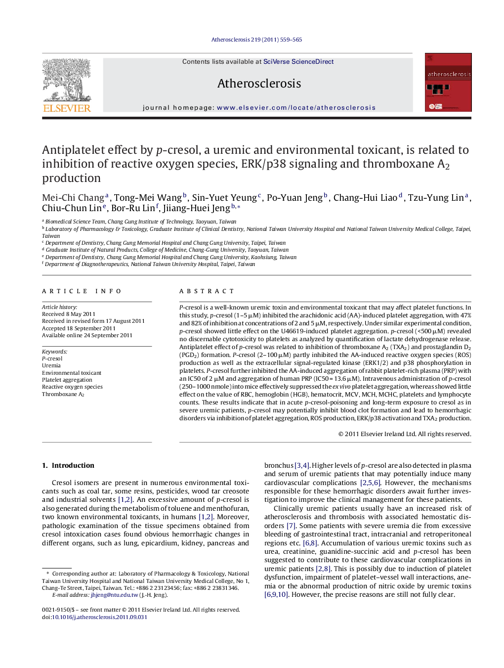 Antiplatelet effect by p-cresol, a uremic and environmental toxicant, is related to inhibition of reactive oxygen species, ERK/p38 signaling and thromboxane A2 production