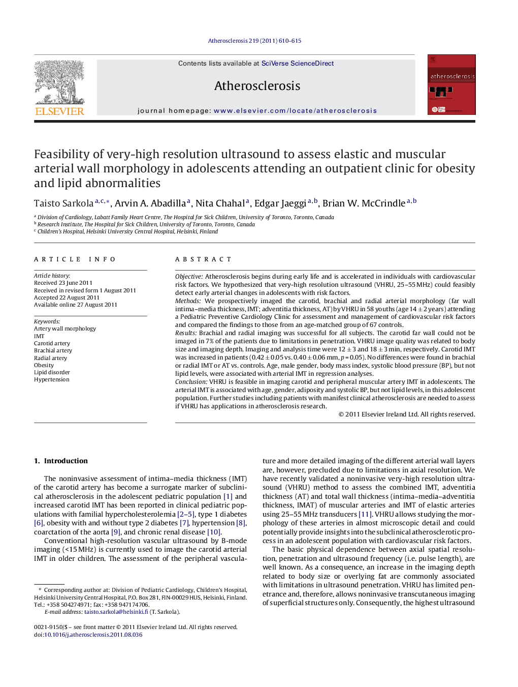 Feasibility of very-high resolution ultrasound to assess elastic and muscular arterial wall morphology in adolescents attending an outpatient clinic for obesity and lipid abnormalities