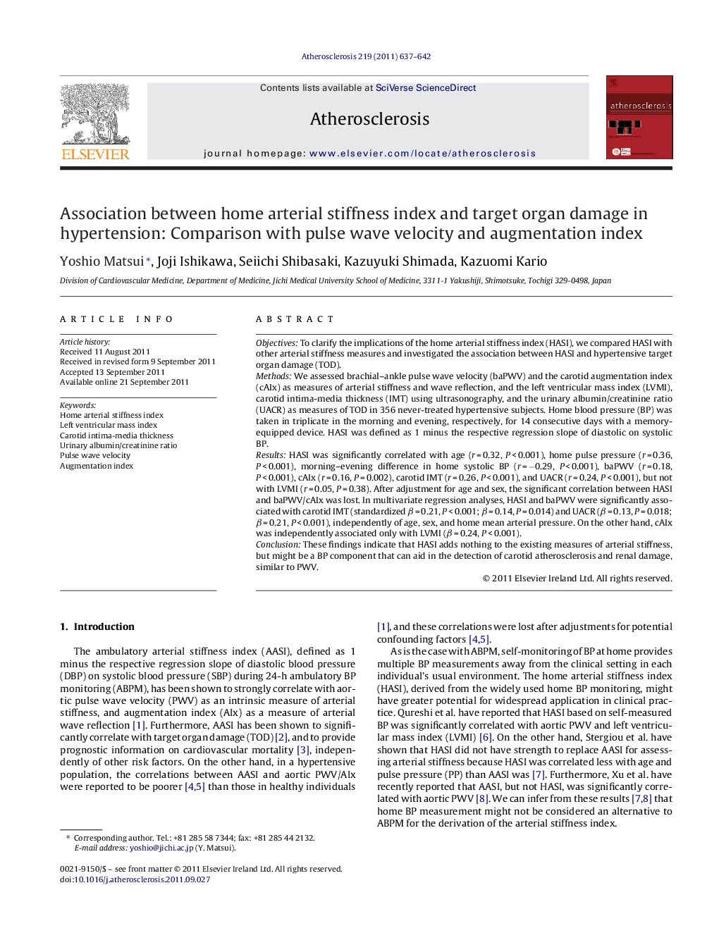 Association between home arterial stiffness index and target organ damage in hypertension: Comparison with pulse wave velocity and augmentation index