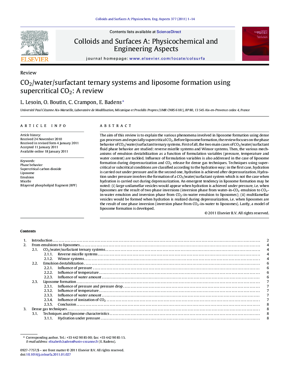 CO2/water/surfactant ternary systems and liposome formation using supercritical CO2: A review