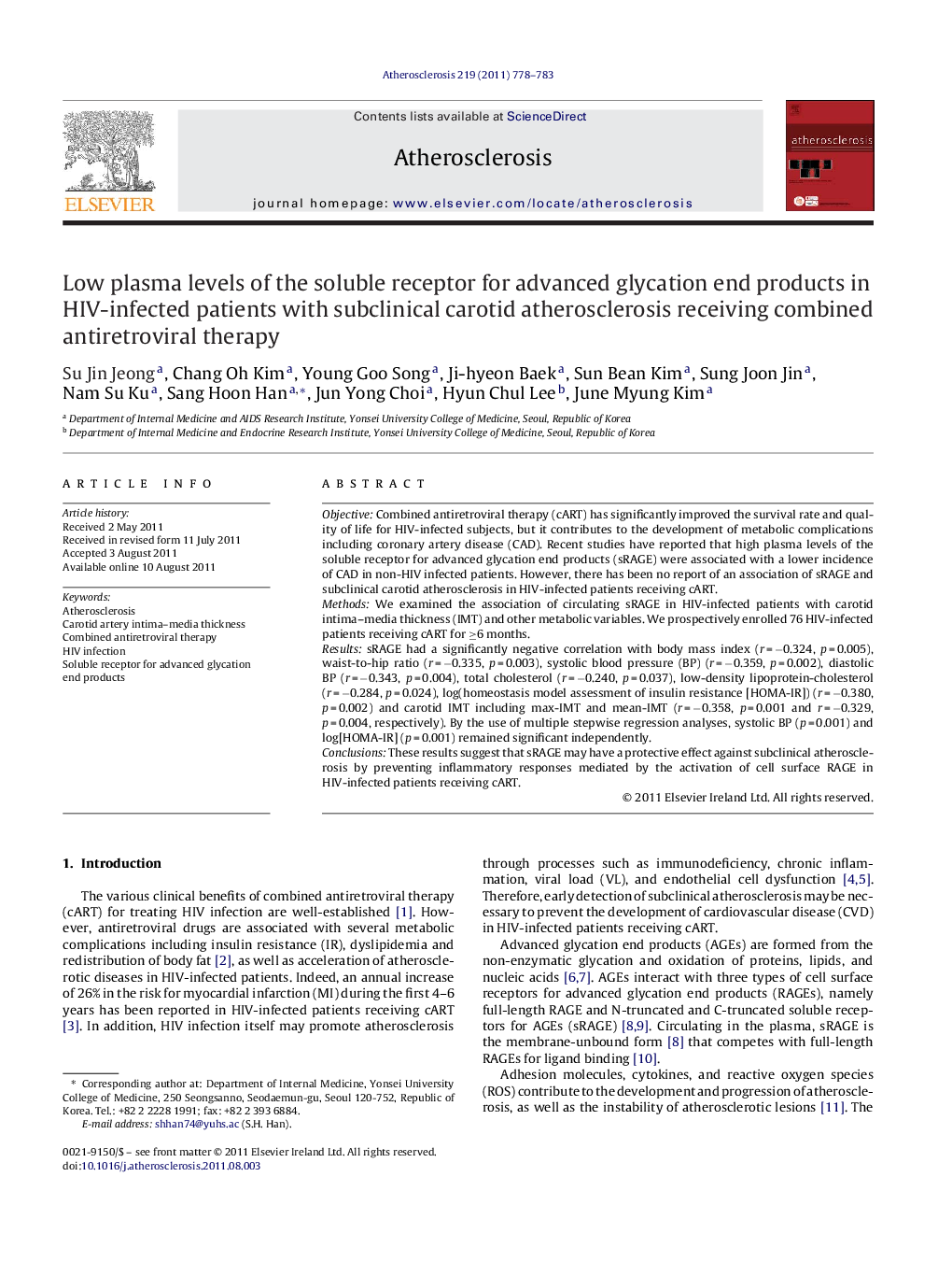 Low plasma levels of the soluble receptor for advanced glycation end products in HIV-infected patients with subclinical carotid atherosclerosis receiving combined antiretroviral therapy