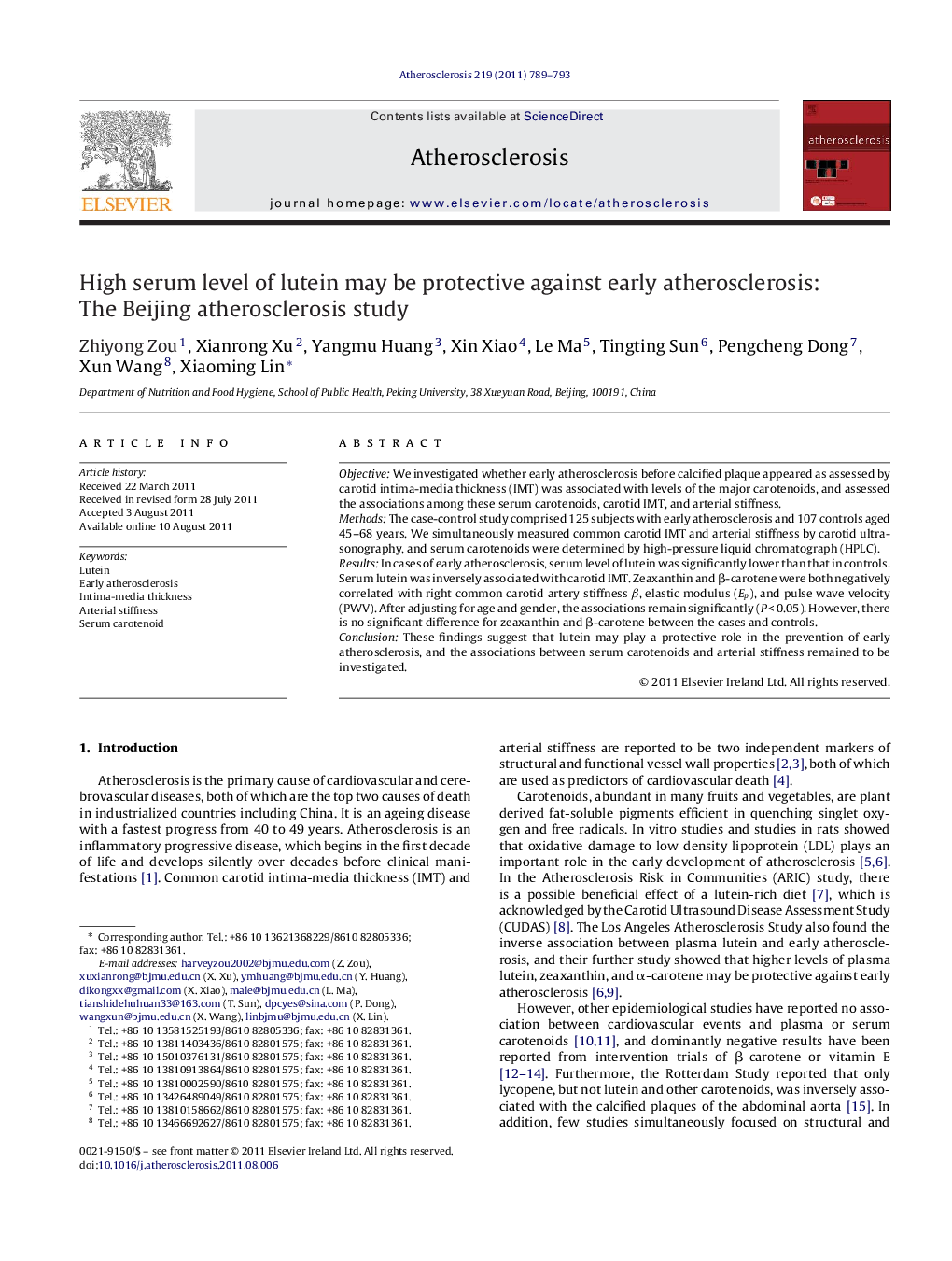 High serum level of lutein may be protective against early atherosclerosis: The Beijing atherosclerosis study