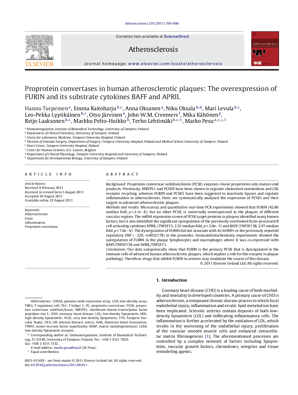 Proprotein convertases in human atherosclerotic plaques: The overexpression of FURIN and its substrate cytokines BAFF and APRIL