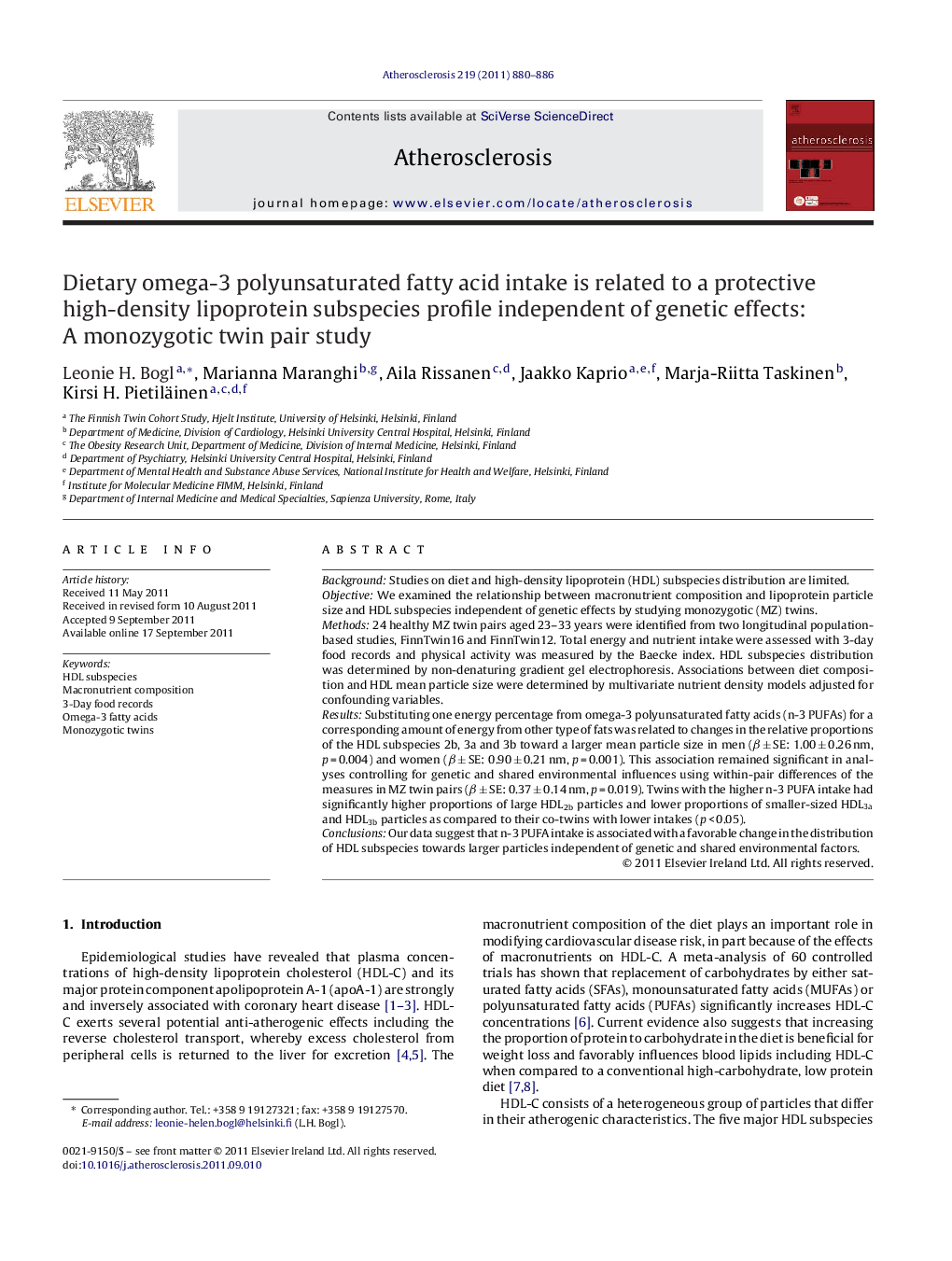 Dietary omega-3 polyunsaturated fatty acid intake is related to a protective high-density lipoprotein subspecies profile independent of genetic effects: A monozygotic twin pair study