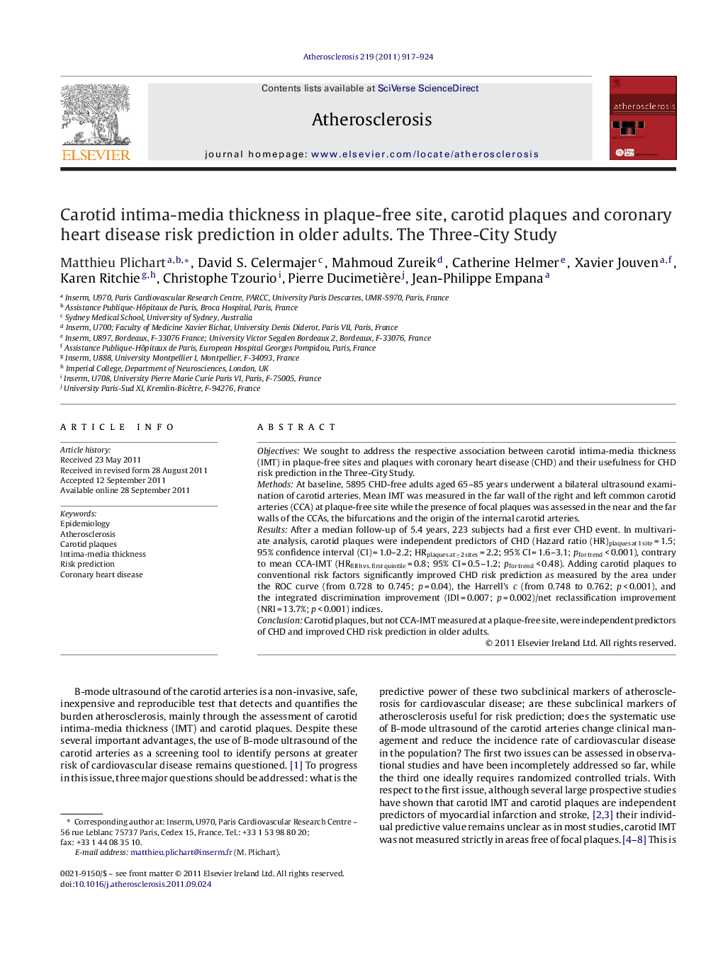 Carotid intima-media thickness in plaque-free site, carotid plaques and coronary heart disease risk prediction in older adults. The Three-City Study