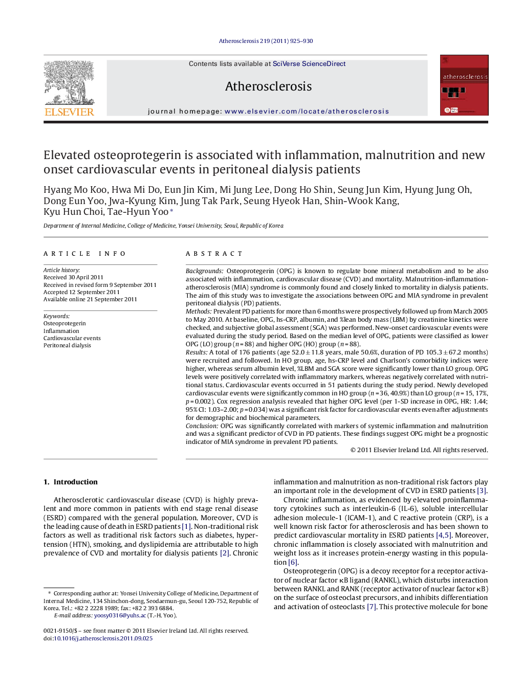 Elevated osteoprotegerin is associated with inflammation, malnutrition and new onset cardiovascular events in peritoneal dialysis patients