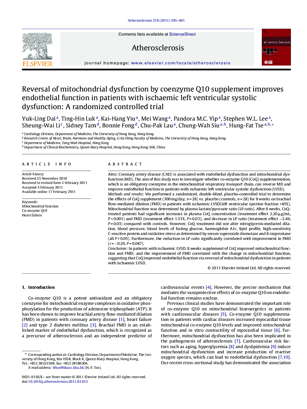 Reversal of mitochondrial dysfunction by coenzyme Q10 supplement improves endothelial function in patients with ischaemic left ventricular systolic dysfunction: A randomized controlled trial