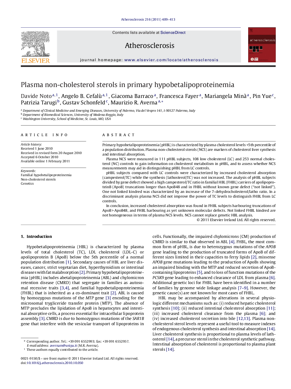 Plasma non-cholesterol sterols in primary hypobetalipoproteinemia