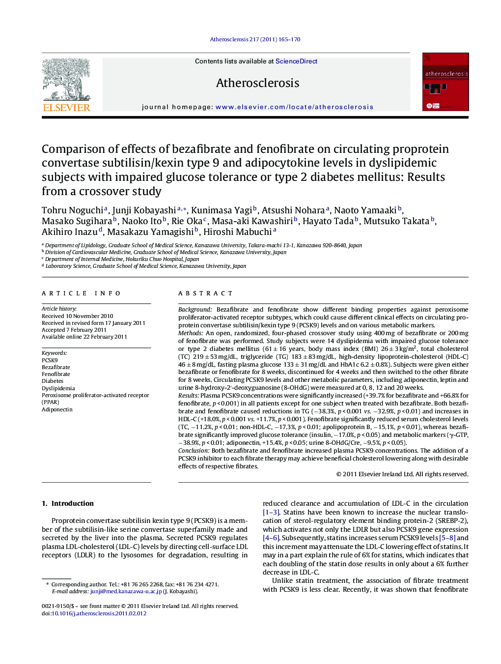 Comparison of effects of bezafibrate and fenofibrate on circulating proprotein convertase subtilisin/kexin type 9 and adipocytokine levels in dyslipidemic subjects with impaired glucose tolerance or type 2 diabetes mellitus: Results from a crossover study