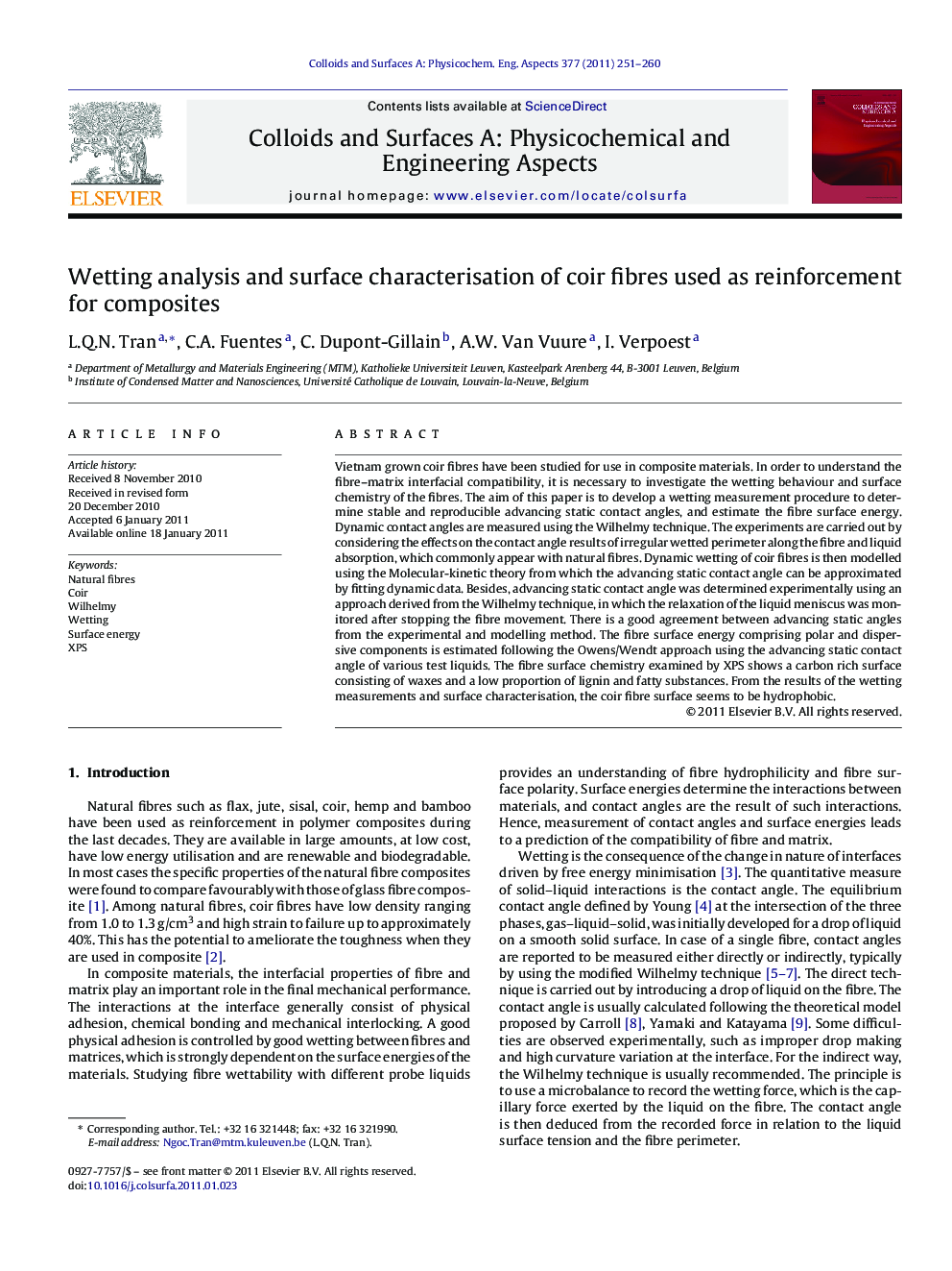 Wetting analysis and surface characterisation of coir fibres used as reinforcement for composites