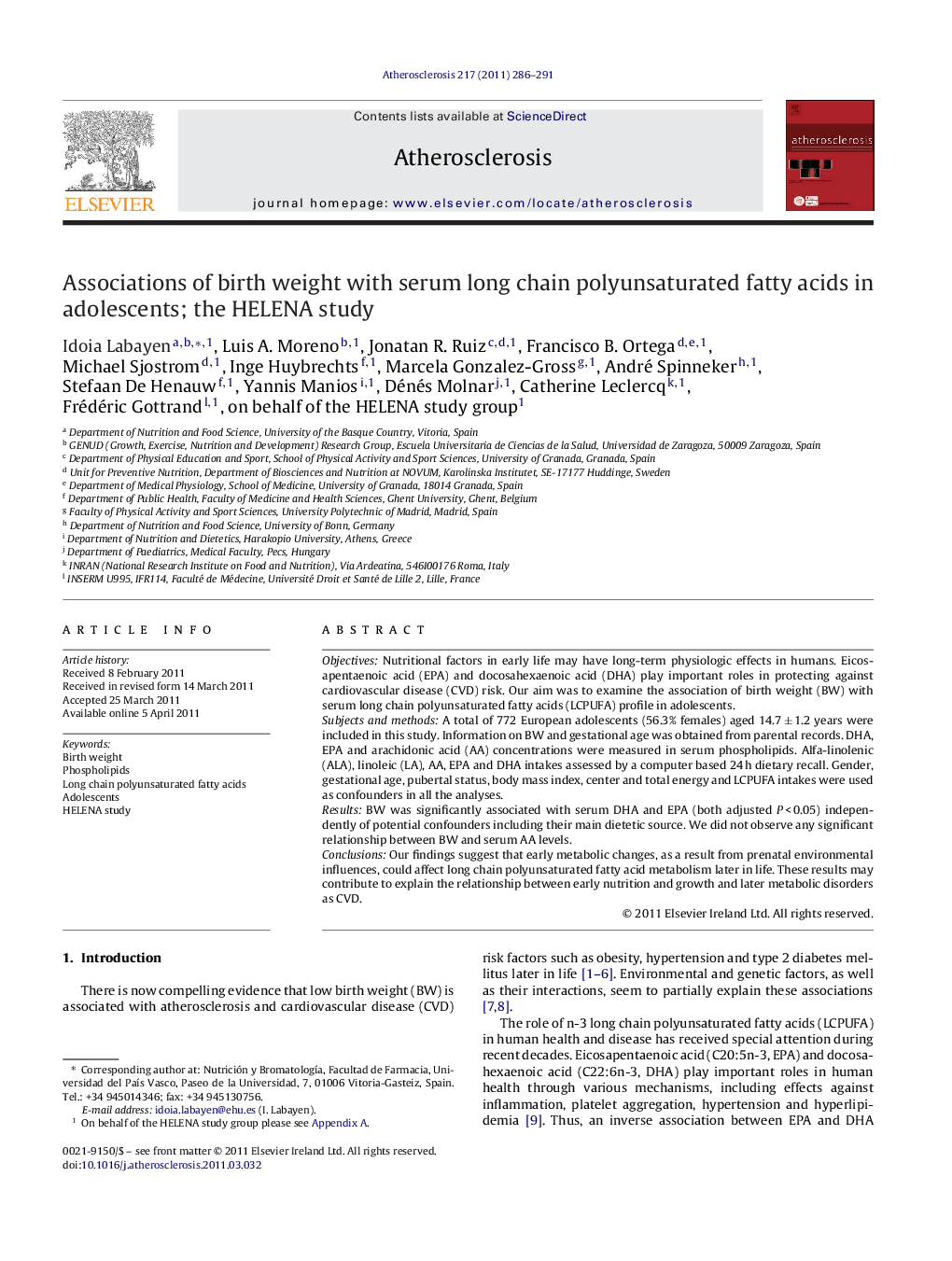 Associations of birth weight with serum long chain polyunsaturated fatty acids in adolescents; the HELENA study