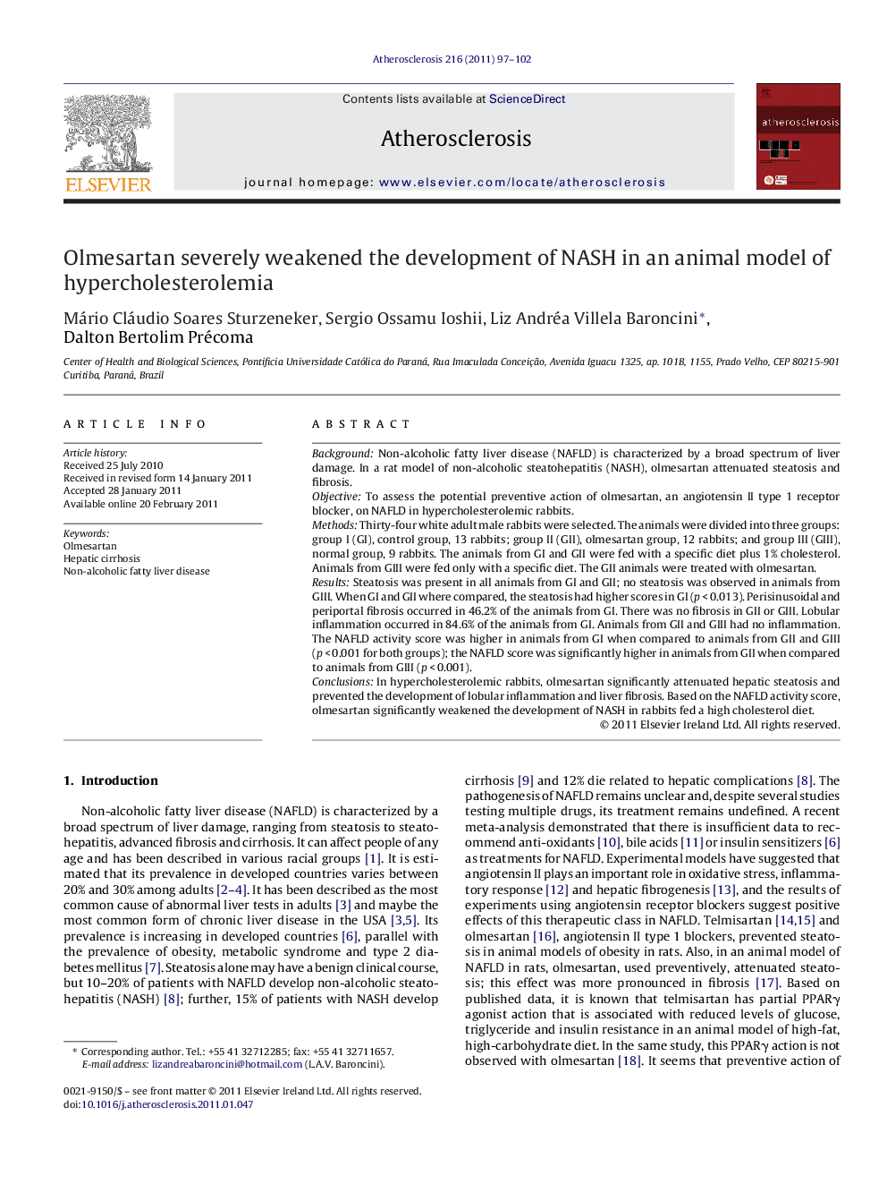 Olmesartan severely weakened the development of NASH in an animal model of hypercholesterolemia