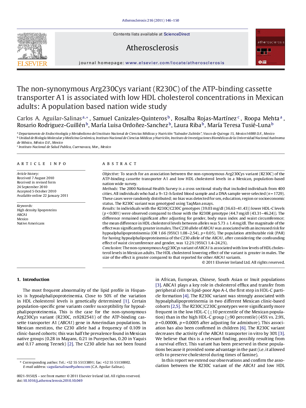 The non-synonymous Arg230Cys variant (R230C) of the ATP-binding cassette transporter A1 is associated with low HDL cholesterol concentrations in Mexican adults: A population based nation wide study