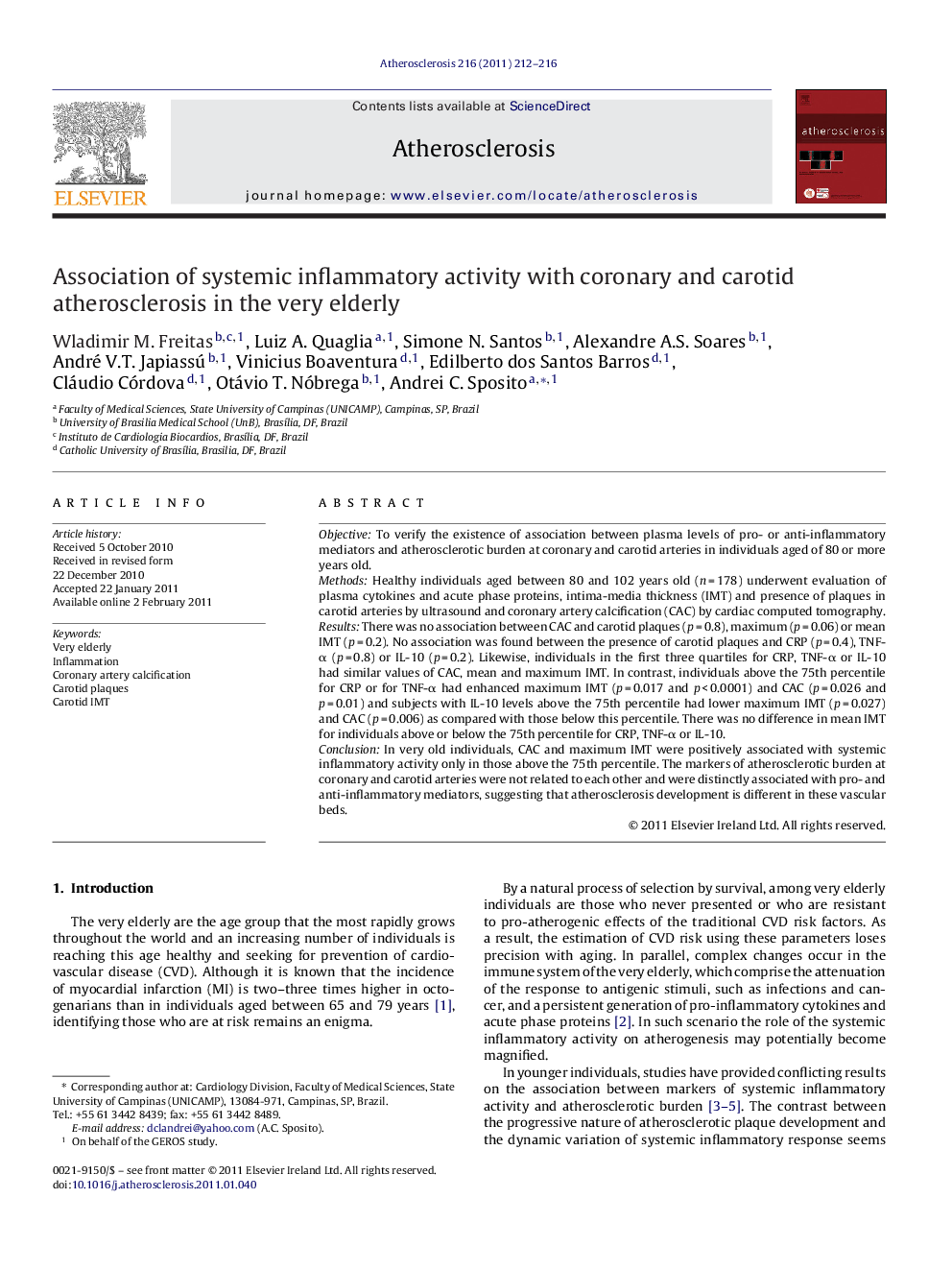 Association of systemic inflammatory activity with coronary and carotid atherosclerosis in the very elderly