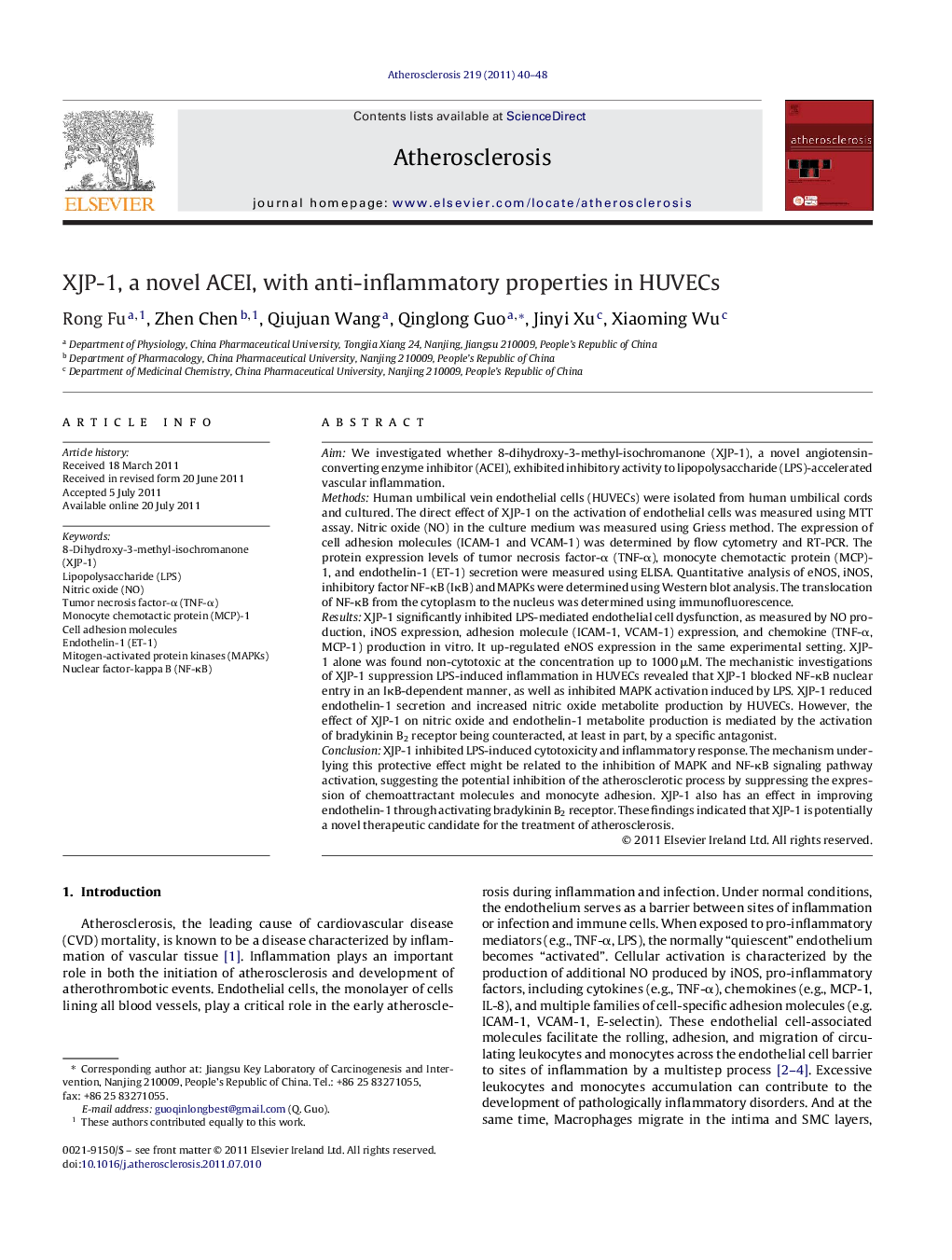 XJP-1, a novel ACEI, with anti-inflammatory properties in HUVECs