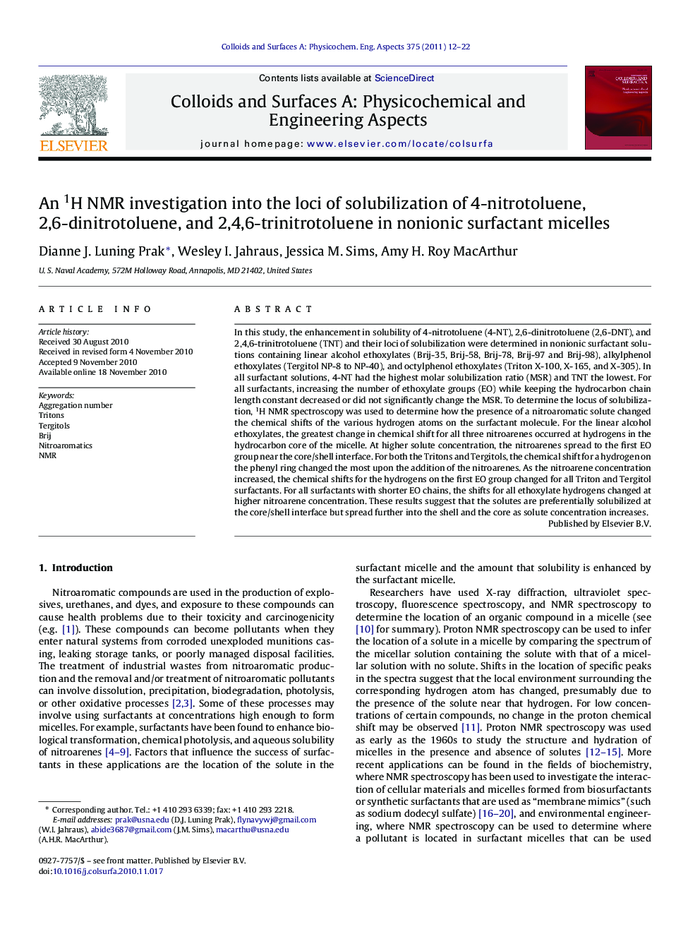 An 1H NMR investigation into the loci of solubilization of 4-nitrotoluene, 2,6-dinitrotoluene, and 2,4,6-trinitrotoluene in nonionic surfactant micelles