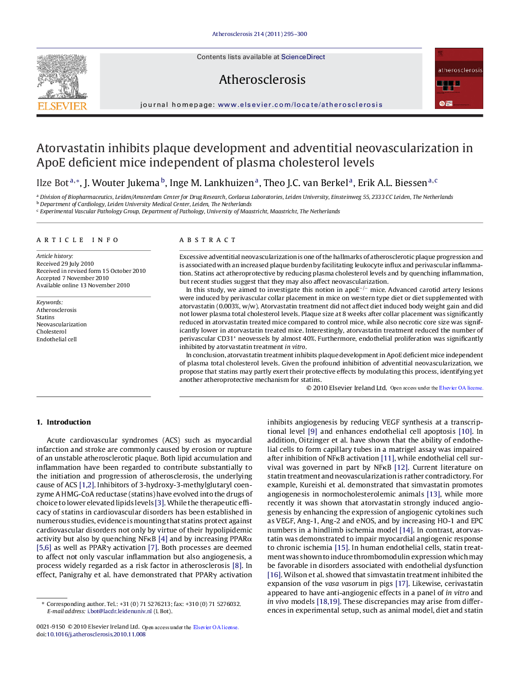 Atorvastatin inhibits plaque development and adventitial neovascularization in ApoE deficient mice independent of plasma cholesterol levels