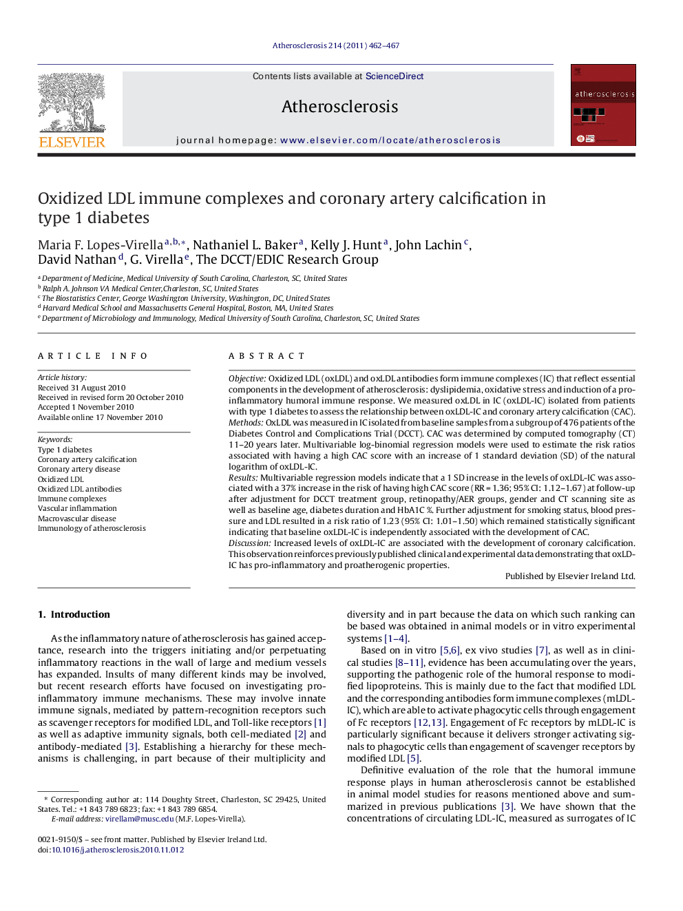 Oxidized LDL immune complexes and coronary artery calcification in type 1 diabetes