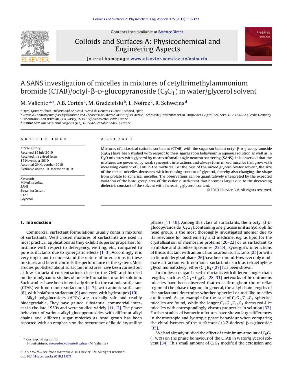 A SANS investigation of micelles in mixtures of cetyltrimethylammonium bromide (CTAB)/octyl-β-d-glucopyranoside (C8G1) in water/glycerol solvent