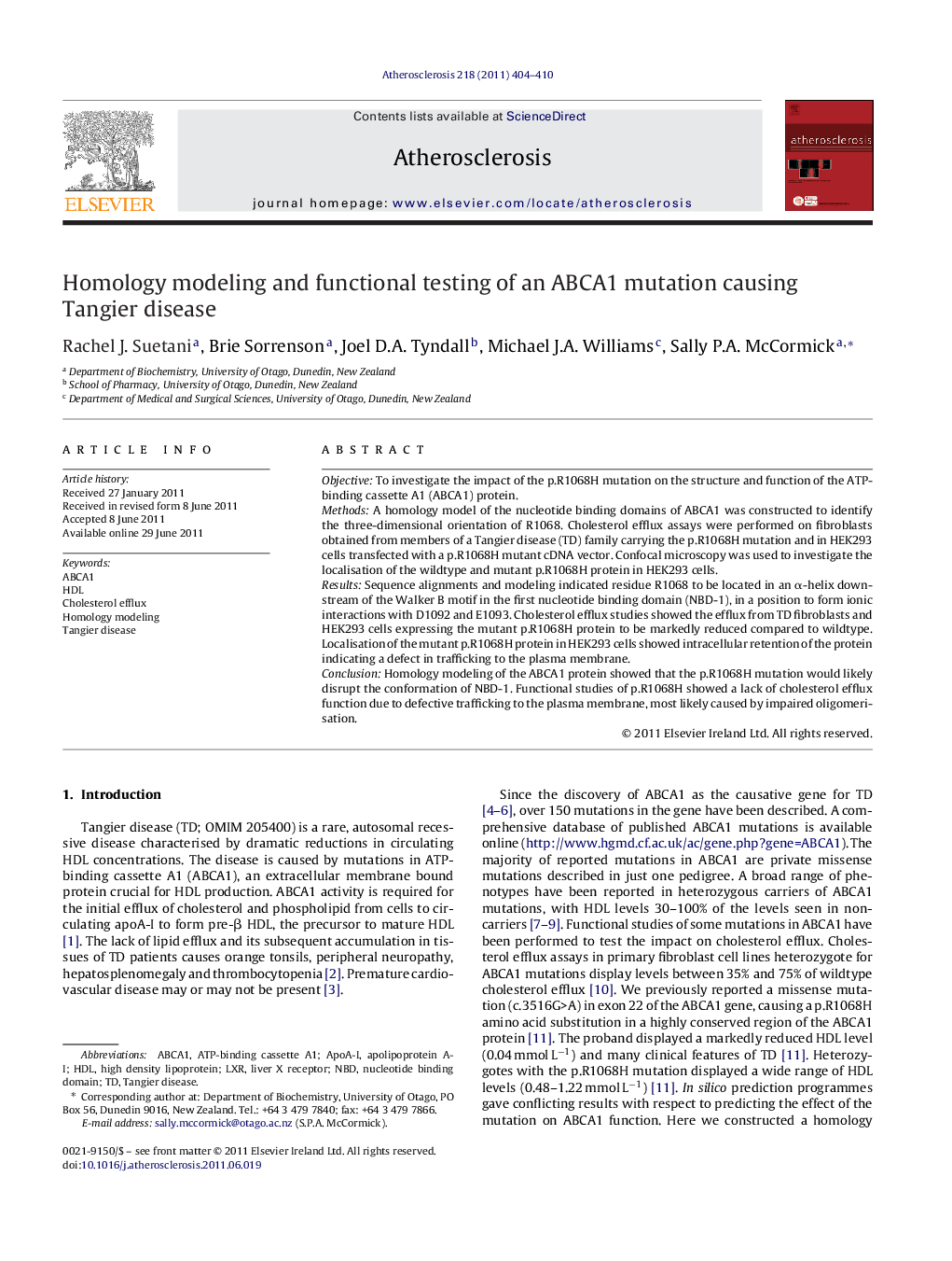 Homology modeling and functional testing of an ABCA1 mutation causing Tangier disease