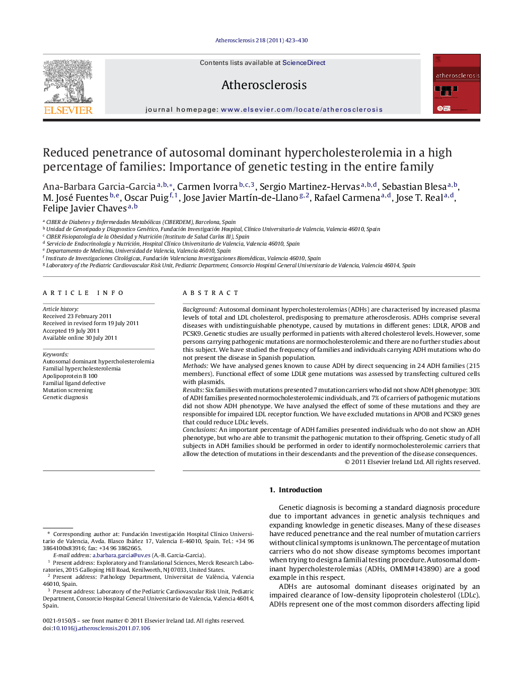 Reduced penetrance of autosomal dominant hypercholesterolemia in a high percentage of families: Importance of genetic testing in the entire family