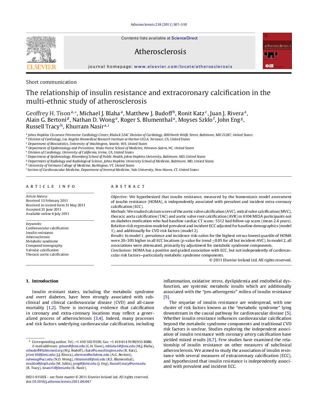 Short communicationThe relationship of insulin resistance and extracoronary calcification in the multi-ethnic study of atherosclerosis