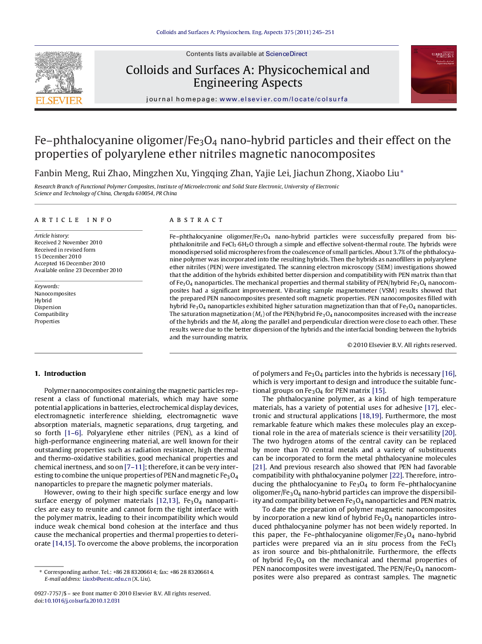 Fe–phthalocyanine oligomer/Fe3O4 nano-hybrid particles and their effect on the properties of polyarylene ether nitriles magnetic nanocomposites