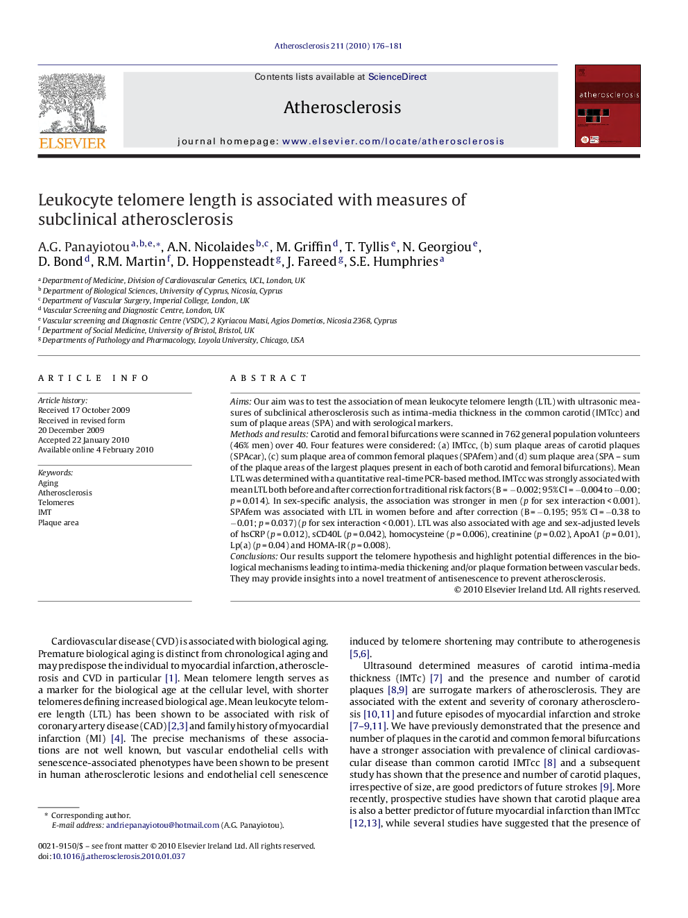 Leukocyte telomere length is associated with measures of subclinical atherosclerosis