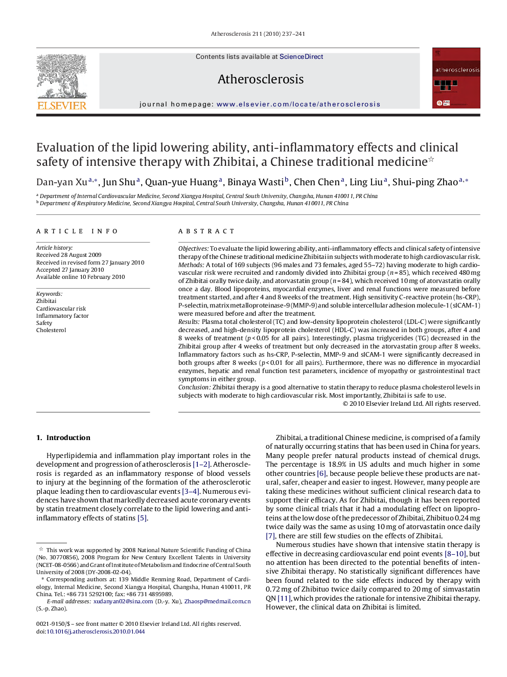 Evaluation of the lipid lowering ability, anti-inflammatory effects and clinical safety of intensive therapy with Zhibitai, a Chinese traditional medicine